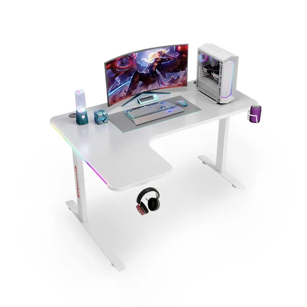 MIUZ RGB LED Gaming Desk Computer Home Office Writing Desk Racer Table Carbon Fiber Table with Cup Holder and Headphone Hook (White, 160cm)