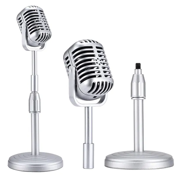 Facmogu Vintage Desktop Microphone Prop Model with Adjustable Stand, Classic Retro Style Microphone Prop Decor for Party Decoration Costume Role Play & Game Night - Silver
