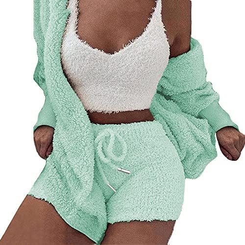 HRESSLBD Women Fuzzy 3 Piece Outfit Pajamas, Hooded Cardigan Outwear Sleeveless Crop Tops Shorts Nightwear Set (S-3XL) - XX-Large - White Vest Set-mint Green