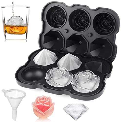Ice Cube Tray, Mikiwon 2 inch Rose Ice Cube Trays With Covers, 3 Cavity Silicone Rose Ice Tray & 3 Diamond Ice Ball Maker, Easy Release Large Ice Cube Form for Chilled Cocktails, Whiskey Juice Black - Black