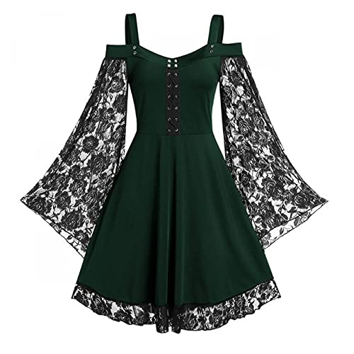 Gothic Vintage Lace Patchwork Women Dress Plus Size Goth Bandage Ladies Spaghetti Strap Dresses - XX-Large - Green
