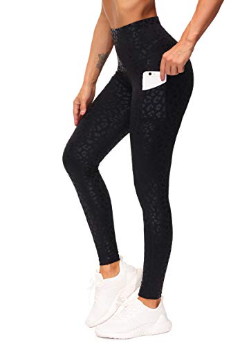 THE GYM PEOPLE Thick High Waist Yoga Pants with Pockets, Tummy Control Workout Running Yoga Leggings for Women - X-Small - Black Leopard