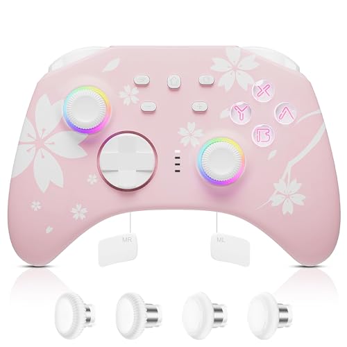 Mytrix Wireless Pro Controllers with Hall Effect Joysticks/Hall Trigger (No Drift),Sakura RGB Bluetooth Controller for Nintendo Switch, Windows PC iOS Android Steam with 2 Pairs Joystick Replacement - Sakura Pink