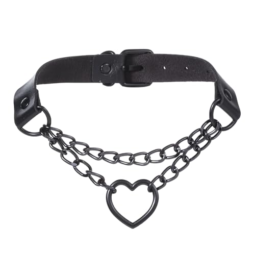 FM FM42 PU Simulated Leather Gothic Punk Black-tone Silver-tone Heart Ring Cuban Curb Link Chain Adjustable Neckband Collar Choker - Black-tone, Black