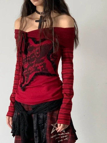 Grunge Goth Red off the shoulder Top - Red / M