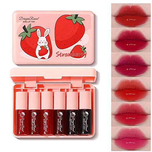 6 Colors Lip Tint Stain Set, Korean Velvet Watery Lip Stain Moisturizing Mini Liquid Lipstick, Multi-use Lip and Cheek Tint, Long lasting Non-Stick Cup Waterproof, Lip Color Makeup - Strawberry Rabbit
