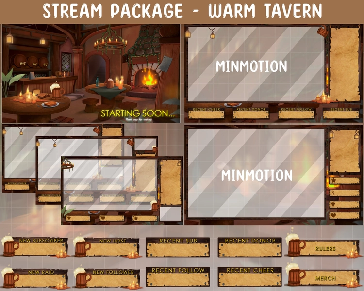 Animated Warm Tavern Twitch Stream Full Package / Medieval Fantasy Tavern Overlay/ Starting Soon/BRB / Stream Ending/ Graphic for Livestream