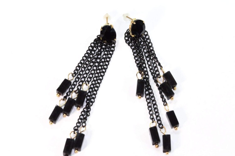 Chain & Beads Dangle Earrings - Black