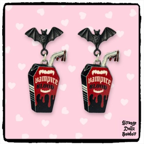 Vampire Blood earrings, Bat earrings, gothic jewellery, Halloween, Strange Dollz Boudoir