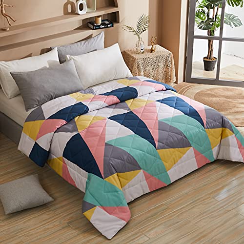 Perkily Luxury Geometric 100% Cotton Fabric Filling Lightweight Queen Size Comforter Polygonal Modern Multi Color Pink Gray Green All Season Warm Bedding Set - Queen - Pink Gray Green
