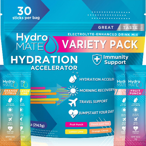 NatureWorks HydroMATE Electrolytes Powder Drink Mix Packets Hydration Accelerator Low Sugar Rapid Party Relief Recovery Plus Vitamin C Variety Pack 30 Count - 30 Count (Pack of 1)