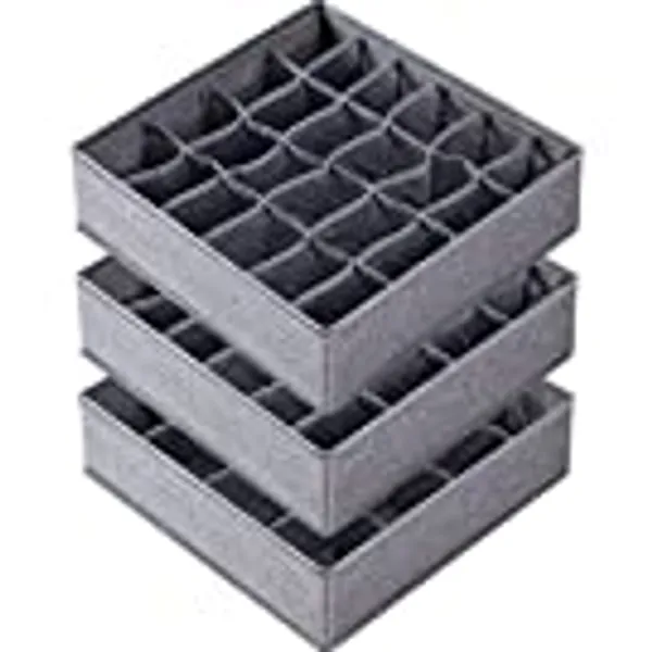 Criusia 3 Pack Sock Underwear Organizer Dividers, 64 Cell Drawer Organizers Fabric Foldable Cabinet Closet Organizers and Storage Boxes for Storing Socks, Underwear, Ties (16+24+24 Cell, Gray)