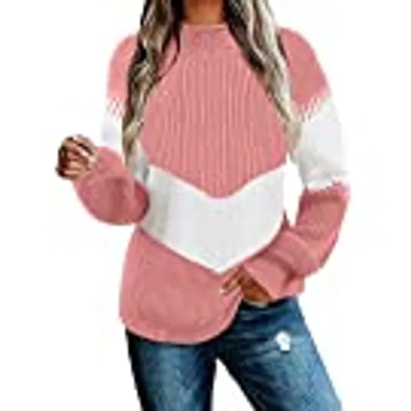 Haloumoning Womens Sweaters Long Sleeve Striped Color Block Turtleneck Pullover Sweater Knit Jumper Tops