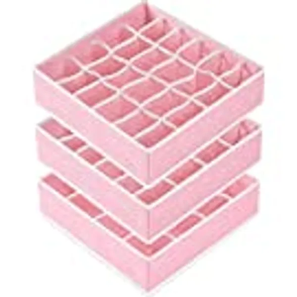 3 Pack Sock Underwear Drawer Organizer Dividers, 64 Cell Fabric Foldable Cabinet Closet Organizers and Storage Boxes for Storing Socks, Panties, Ties (16+24+24 Cell, Pink)