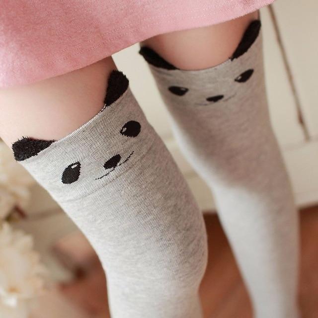 Cotton Animal Thigh Highs - Gray Panda