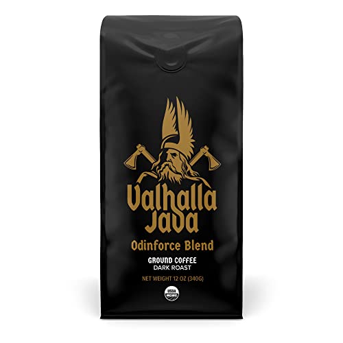 Death Wish Coffee Valhalla Java Dark Roast Grounds, 12 Oz, Extra Kick of Caffeine, Bold & Intense Blend of Arabica Robusta Beans, USDA Organic Ground Coffee, Powerful Coffee for Morning Boost - Dark Roast - 12 Ounce (Pack of 1)