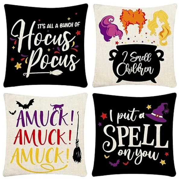 Rtisaeu Halloween Pillow Covers 18x18 Set of 4 Halloween Hocus Pocus Pillow Covers Linen Sofa Bed Throw Cushion Cover Decoration