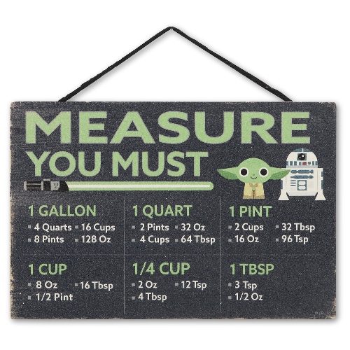 Open Road Brands Disney Star Wars Yoda and R2-D2 Hanging Wood Measuring Sign - Measure You Must for Kitchen or Dining Room - Black/Green