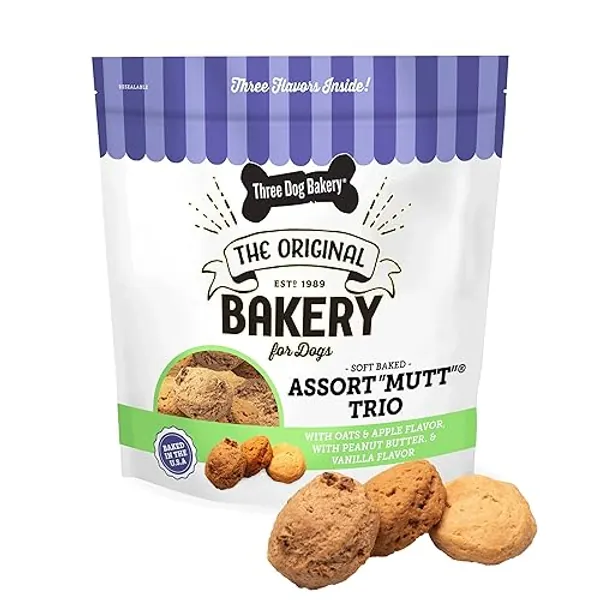 Three Dog Bakery Assort"Mutt" Trio, 48oz – Delicious Dog Treats With Oats, Apple, Peanut Butter & Vanilla, Premium Dog Training Treats, Puppy Treats