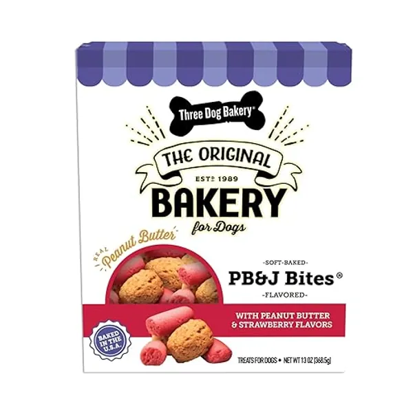 Three Dog Bakery Soft Baked PB&J Bites, Peanut Butter & Strawberry Flavor, Premium Treats for Dogs, 13 Ounce Box, brown (320035)