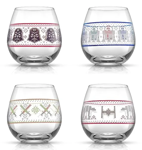 JoyJolt Star Wars™ Ugly Sweater Stemless Glasses. Set of 4 Large 15oz Stemless Glass Drinking Glasses Gifts for Kitchen Men or Women, Star Wars Collectibles for Adults - 4 Count (Pack of 1) - Ugly sweater