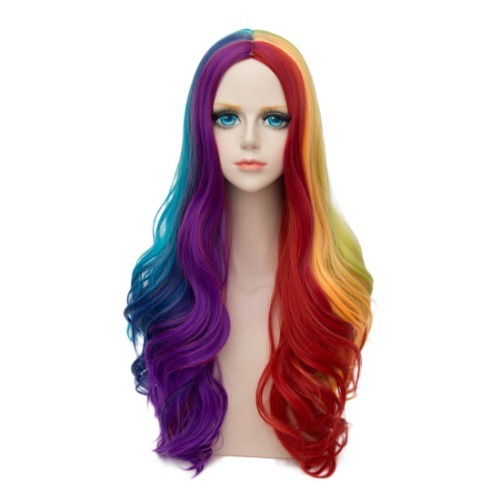 Alacos Rainbow Color Blue Purple Red Yellow Wig for Kids, 72cm Long Curly Gothic Lolita Harajuku Anime Cosplay Christmas Costume Wig for Women +Free Wig Cap (without barid #1)