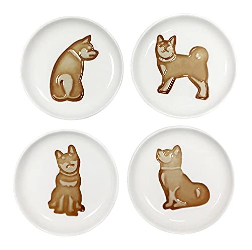4pcs Ceramics Shiba Dog Relief Seasoning Dishes Sushi Dipping Bowl Appetizer Plate - 3.5 inches - Shiba