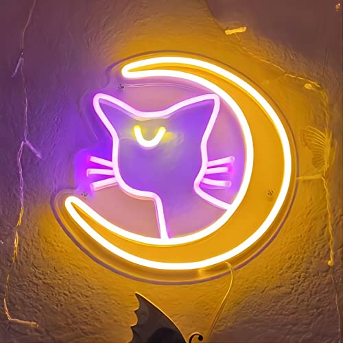 MiMaik Luna Handmade Neon Signs, Dimmable Pink&Purple LED Neon Lights for Wall Decor, Anime Magic Cat Lamp Decor, Bedroom Night Light Decor Art Wall Decorative Lights for Girl's Room, Game Room, Channel Set Up Decor, Christmas and Valentine's Day Gifts 10x9.8 inches - Anime Luna