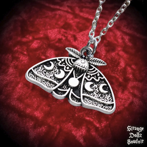 Lunar Moth necklace, Moonphase Celestial Witchy, Strange Dollz Boudoir