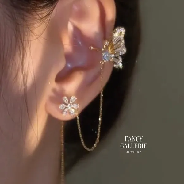 Dainty butterfly ear clip with flower ear threader,Gold long chain earring, Chain threader earrings, Crystal Bridesmaid Jewelry Gift