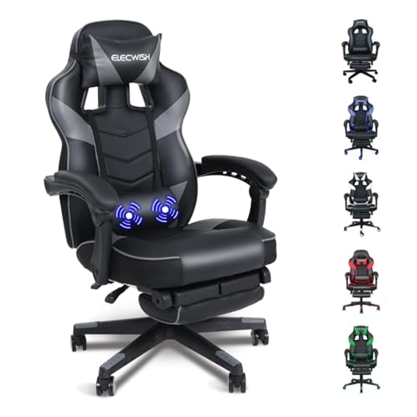 Fullwatt Gaming Stuhl, Bürostuhl Ergonomisch Racing Stuhl Massage Gamingstuhl mit Fußstütze 90-150° Rückenlehne Verstellbar, mit Abnehmbare Kopfstütze Lendenkissen, PU Leder Grau