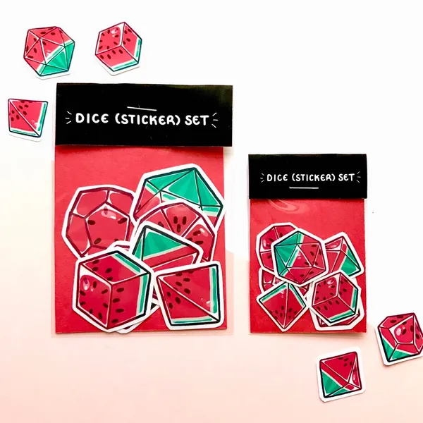 WATERMELON Dice Sticker Set - Pack of 7 Polyhedral D&D/TRPG/Nerdy Dice Stickers