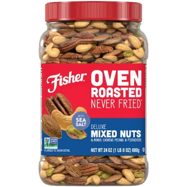 Fisher Snack Oven Roasted Never Fried Deluxe Mixed Nuts, 24 Ounces, Almonds, Cashews, Pecans, Pistachios, Made With Sea Salt, Non-GMO, No Oils, Artificial Ingredients or Preservatives - 1.5 Pound (Pack of 1) Deluxe Mixed Nuts