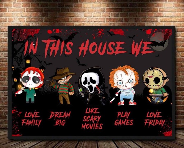 Over In This House We Do Love Family Horror Movie Horror Family Halloween Horror Film Lover Gift Horror Halloween Decor Poster Wall Art Tin Sign Decor Metal Sign Poster 8X12 Inches
