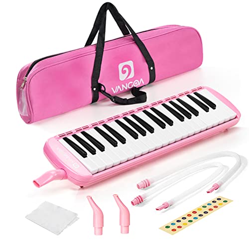 Vangoa 37 Key Melodica Musical Instrument Soprano Melodica Air Piano Keyboard with Carrying Bag, 2 Mouthpieces, Wipe Cloth, Key Stickers, Pink - 37 key - Pink