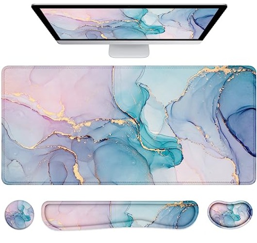 LATEEFAH Desk Mat, Large Mouse Pad and Keyboard Wrist Rest, Ergonomic Mouse Pad Set, Mouse Pad with Wrist Rest Combo for Home, Office, Computer - 4pcs-green Marble - 4PCS