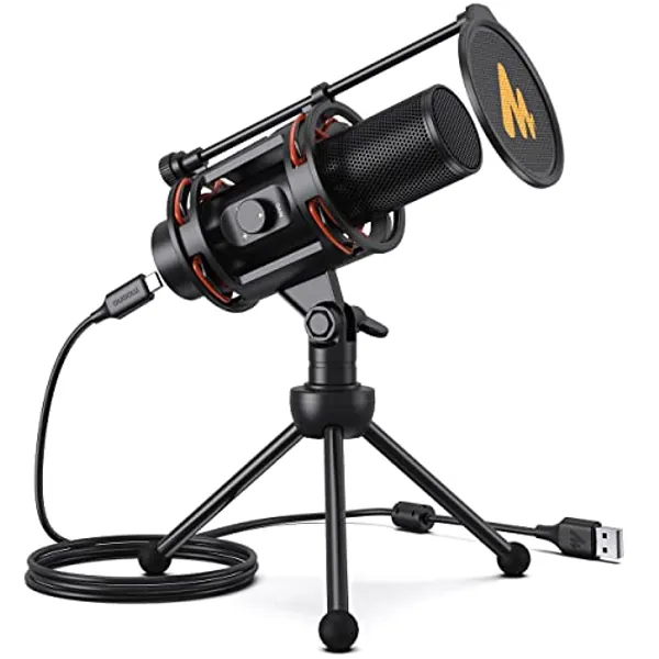 MAONO Computer Microphone All in One USB Condenser Mic 192kHz/24bit with Metal Pop Filter, Tripod, Gain Knob&0-Latency Monitoring for Zoom Meeting, Podcasting, Streaming, YouTube, Voice Over, Gaming