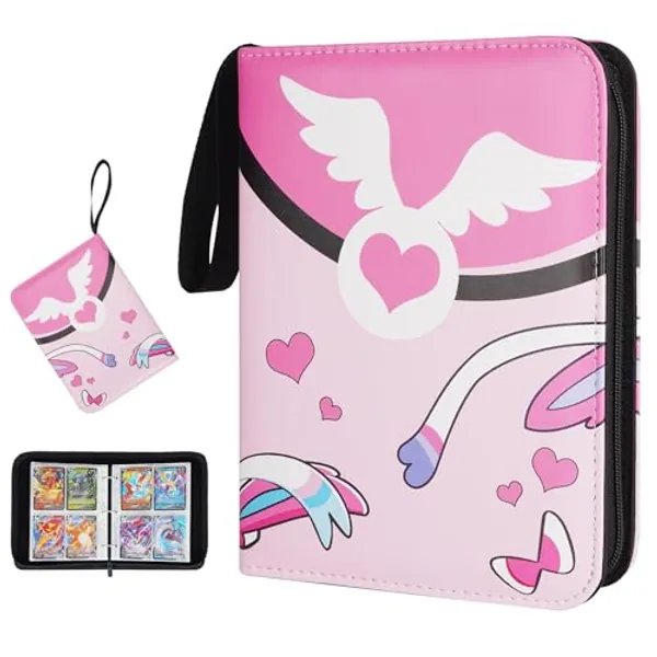 AEOLZ 4 Pocket Traing Card Binder for Pokemon Cards with Sleeves, 480 Cards Large TCG Cards Holder 3-Ring 60 Sleeves Book, Zipper Carry Case Cards Collection Binder Album, Pink