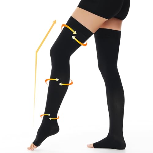 beister 15-20 mmHg Open Toe Medical Compression Stockings for Women Men, Thigh High Graduated Compression Socks with Dot Silicone Band, Support Circulation Pressure Stockings for Varicose Veins, Edema - Black - Small