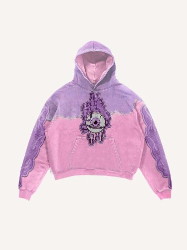 Colorblock Eye Faux Decal Print Slant Pockets Hoodie | Pink / 2XL