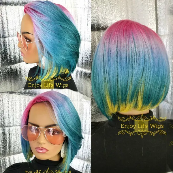 color explosion rainbow dream pink yellow blue natural looking side part bob wig