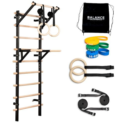 Balance Calisthenics Wood Stall Bar Swedish Ladder With Dip bars Pullup Bar Olympic rings resistance bands Suspension Trainer with 9 Strategic Rods, for Home, Gym, School and Clinics Stallbars Workout