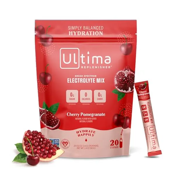 Ultima Replenisher Daily Electrolyte Drink Mix – Cherry Pomegranate, 20 Stickpacks – Hydration Packets with 6 Electrolytes & Minerals – Keto Friendly, Vegan, Non-GMO & Sugar-Free Electrolyte Powder