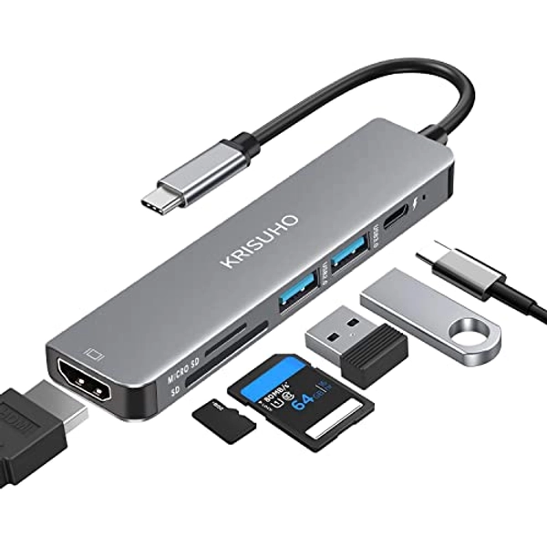 KRISUHO USB C Hub,6 in 1 USB C to HDMI Multiport Adapter with 4K HDMI,1 USB 3.0/1 USB 2.0,USB C 60W PD Charging and MICRO SD/SD Card Reader for MacBook, XPS, Samsung Phones, Laptop and more