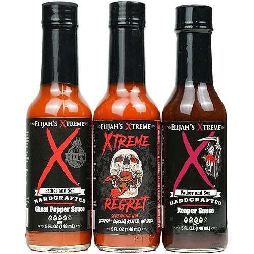 Elijah's Xtreme Trio Hottest Hot Sauce Variety Pack Includes Xtreme Regret Carolina Reaper Hot Sauce, Ghost Pepper Sauce & Sweet Reaper Hot Sauces - Gluten Free & Vegan - Father's Day Gift Set - Xtreme Trio - 5 Fl Oz (Pack of 1)