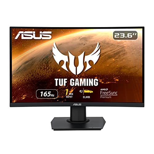 ASUS TUF Gaming VG24VQE 23.6” Curved Monitor, 1080P Full HD, 165Hz (Supports 144Hz), 1ms, Extreme Low Motion Blur, FreeSync Premium, Shadow Boost, Eye Care, DisplayPort HDMI - 24" Curved FHD 165Hz FreeSync Premium