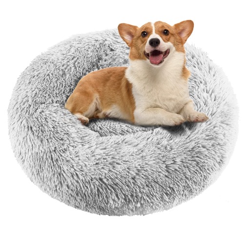 LONENESSL Calming Dog Bed Fluffy Plush Pet Bed, Washable Round Faux Fur Donut Pet Bed for Medium Small Dogs and Cats, Improving Sleep and Keeping Warm, with Anti Slip Base (60x20cm, Light Grey)