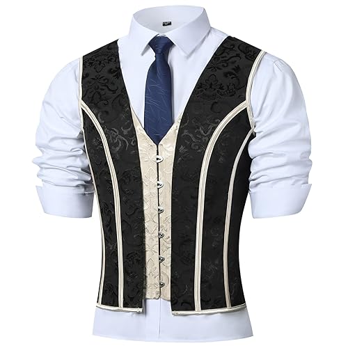 HUAMYTH Mens Corset Vest Medieval Dress Waistcoat Lace Up Bones Wasit Trainer Wedding Stage - Medium - Beige Print Mix Black Print