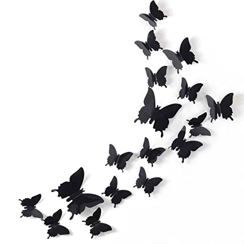24pcs 3D Butterfly Removable Mural Stickers Halloween Wall Stickers Decal for Home and Room Decoration (Black-24pcs) - Black-24pcs