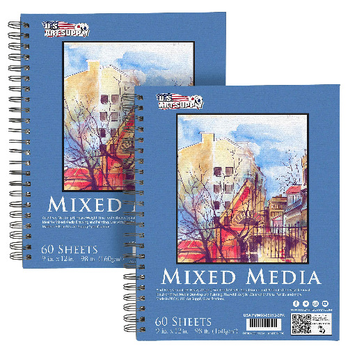 U.S. Art Supply 9" x 12" Mixed Media Paper Pad Sketchbook, 2 Pack, 60 Sheets, 98 lb (160 gsm) - Spiral-Bound, Perforated, Acid-Free - Artist Sketching, Drawing, Painting Watercolor, Acrylic, Wet & Dry - 9-x-12-inch